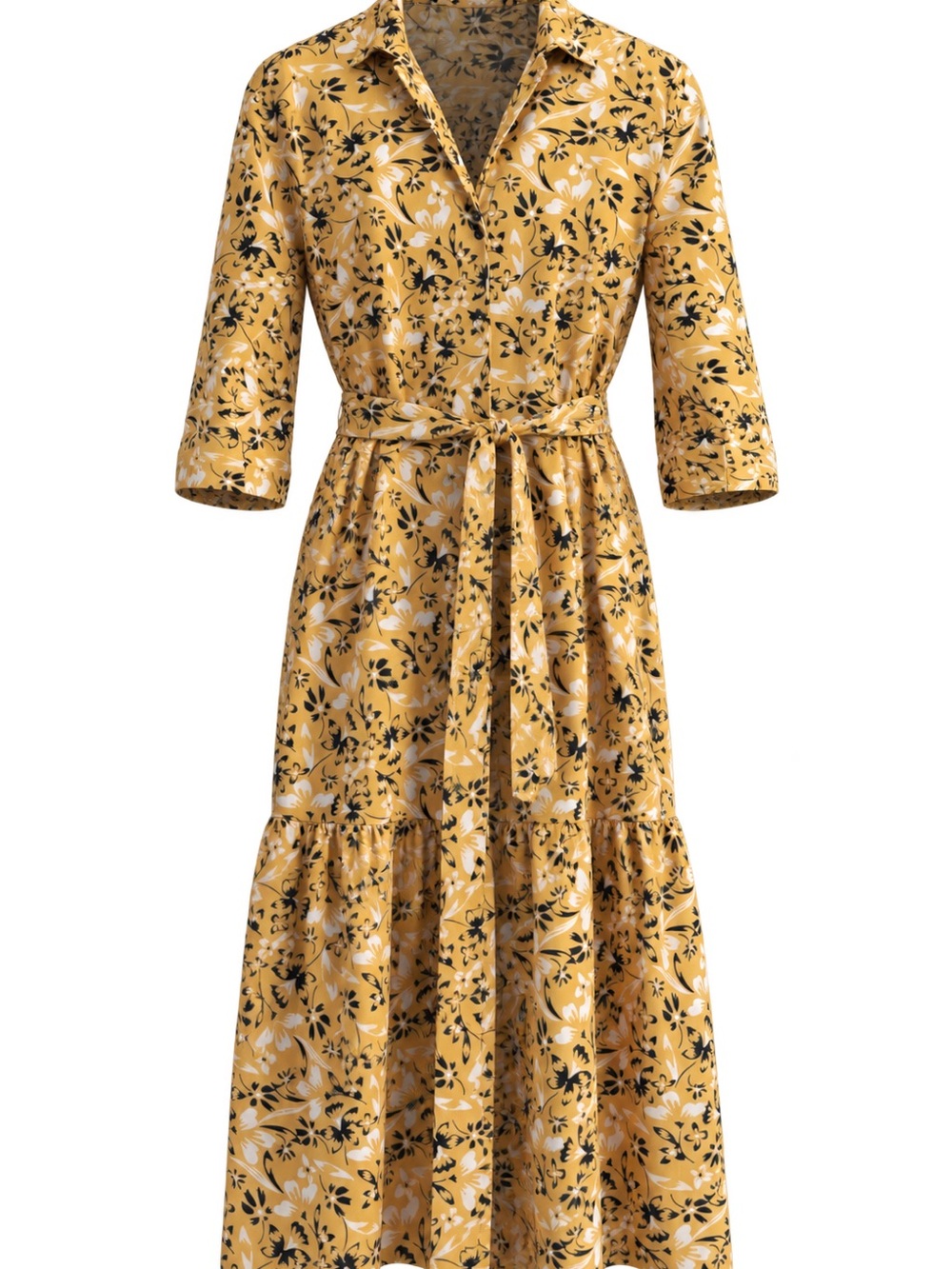 New York & Company Mustard Floral Satin Robe with Tie Belt